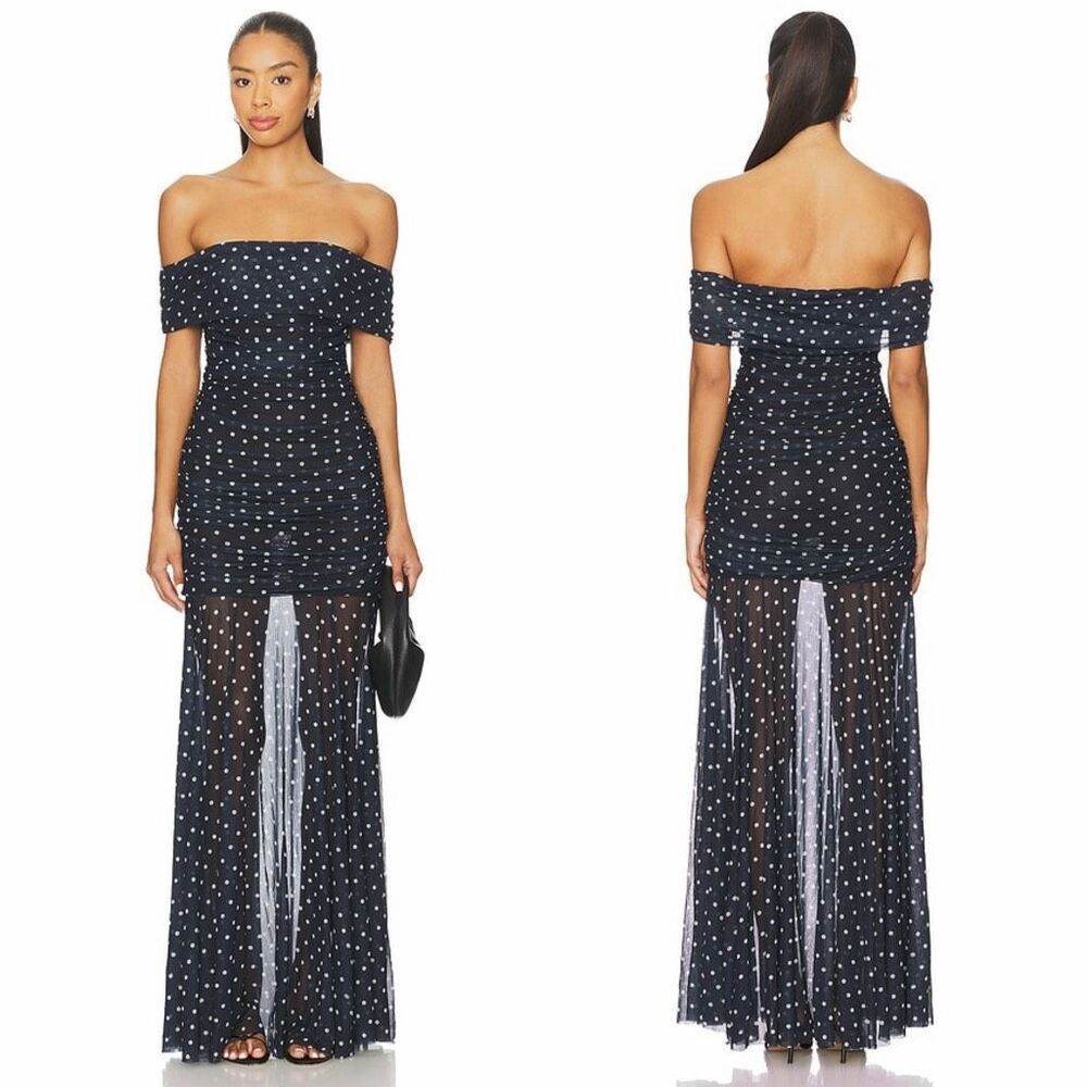 MAJORELLE Lena Gown in Dark Navy & Cream Dot Size Small $249